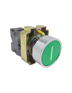 Grüner Metalldruckknopf (mit "I" gekennzeichnet) voll geöffneter Kontakt (NO)