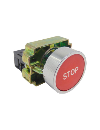 Roter Metalltaster (mit Aufschrift "STOP"), Kontakt komplett geschlossen (NC)