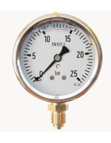Pressure gauge with glycerin 0 to -1 bar diameter 63mm bar side entry stainless steel box - Metal Work