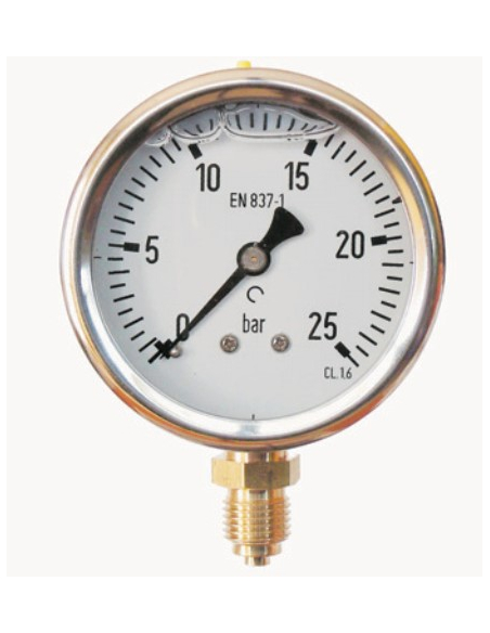 Manometer mit Glyzerin 0 - 2,5 bar Durchmesser 63mm bar seitlicher Eingang Edelstahlgehäuse - Metal Work
